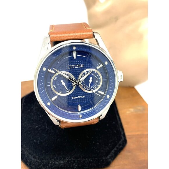 Citizen Men's Watch Eco-Drive BU4020-01L Solar Blue Dial 42mm Brown Leather Band - Picture 1 of 15